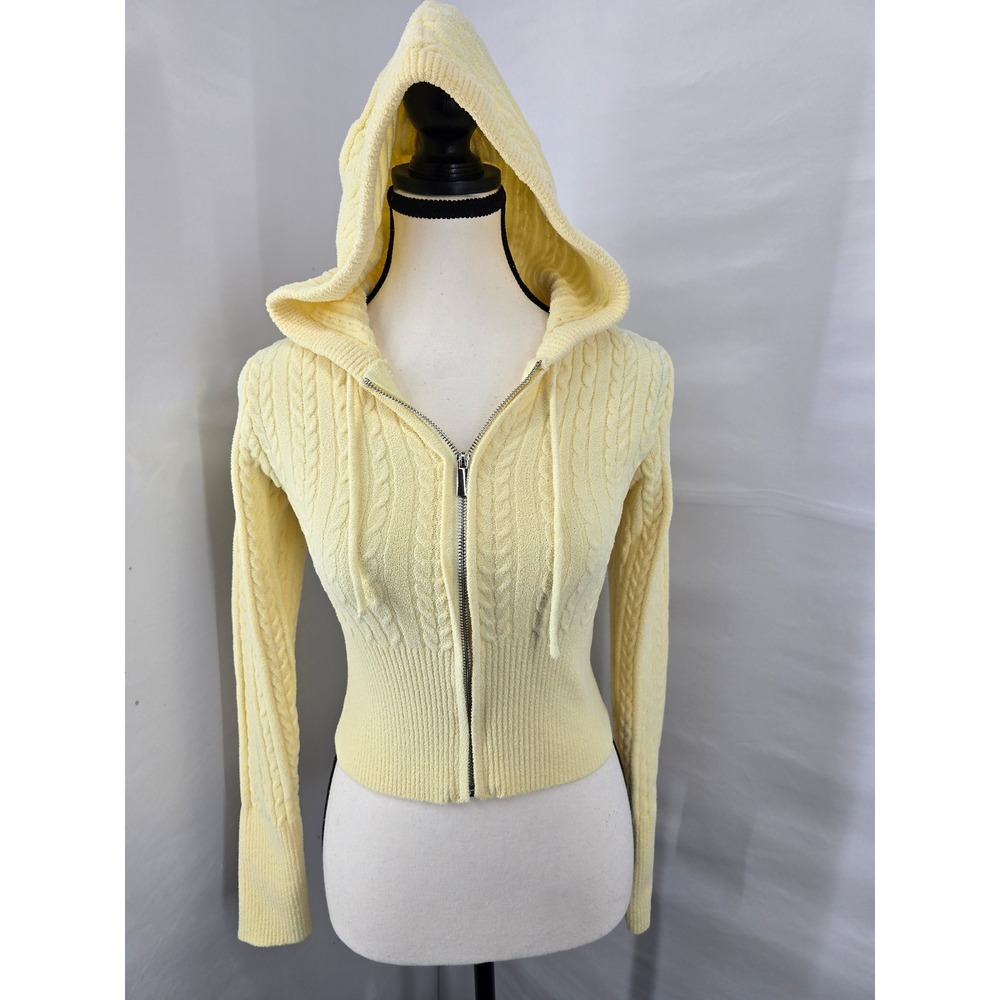 Sweet Envy Women Pale Yellow Cable Knit Full Zip Cropped Hoodie Sweater Large
